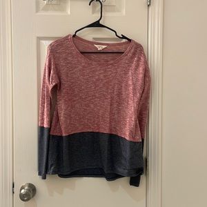 Long sleeve women’s shirt red/white distressed on top with blue stripes bottom